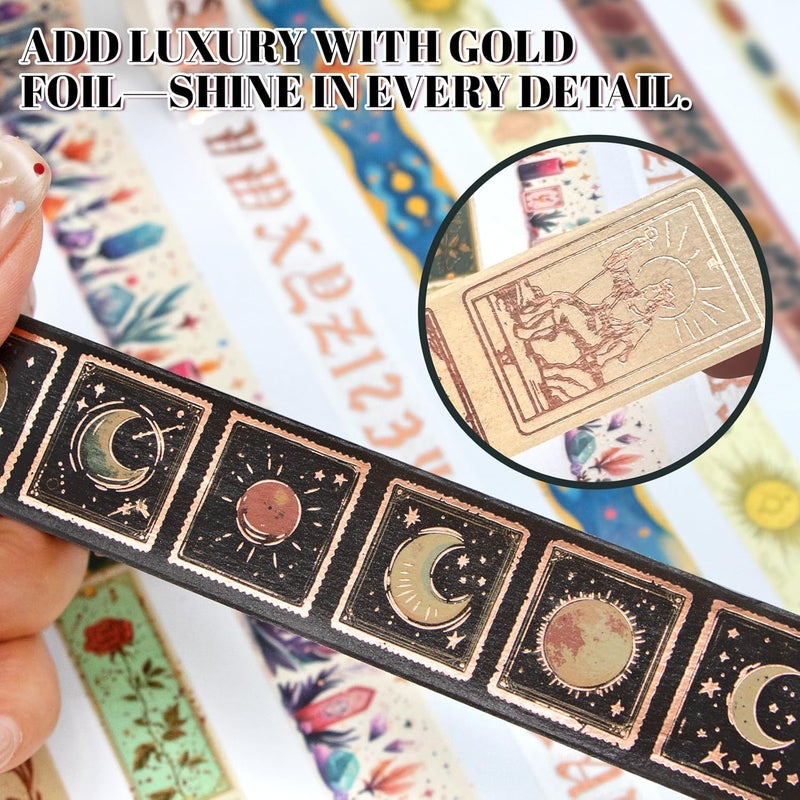 Geesinimo Gold Foil Washi Tape Set – 23 Rolls Tarot Washi Stickers Vintage Decorative Tapes for Journaling Supplies, Scrapbooking, DIY Crafts, Junk Journal, Craft Supplies(Celestial Symbols/ Starry/ Magic) - Image 4